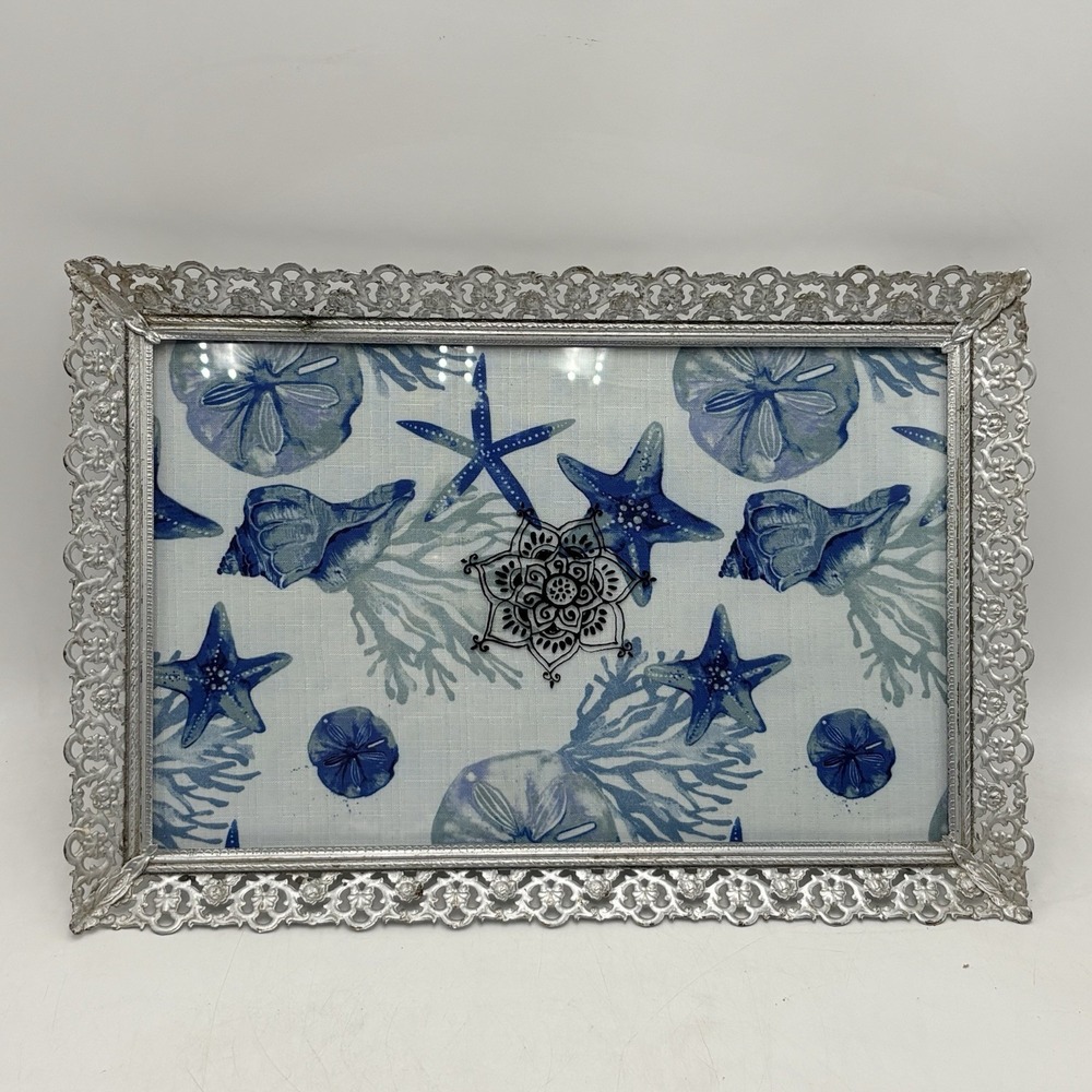 VTG‎ Silver Filigree Serving Tray Metal Gallery Glass Insert Coastal Decor 17x10